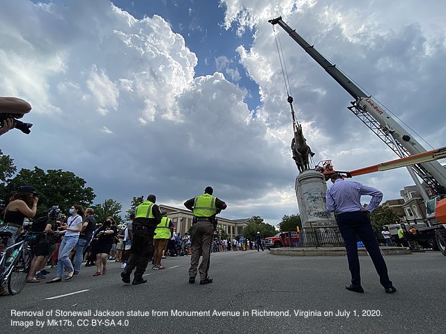 Removal of Stonewall Jackson statue from Monument Avenue in Richmond, Virginia on July 1, 2020
