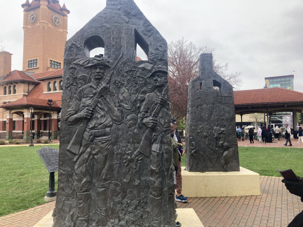 Image of monument at 1908 Springfield Race Riot site for Power of Place blog post