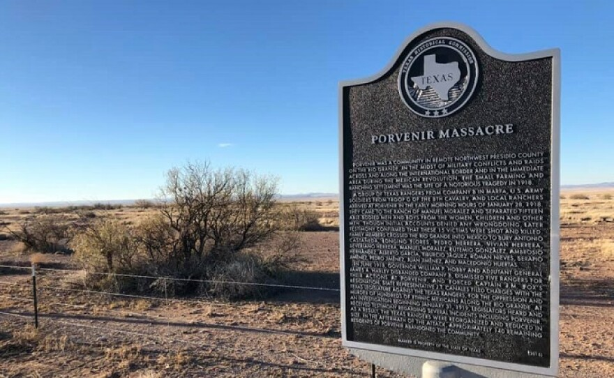Historical marker commemorating the Porvenir Massacre of 1918, where the Texas Rangers killed 15 men and boys in the Texas border town. Credit: Texas Historical Commission.